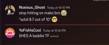 a screenshot of a conversation between noxious_ghost and yofishiscool