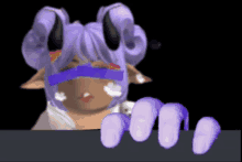 a girl with purple hair and horns is holding a purple object in front of her face