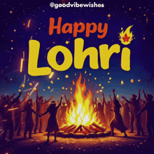 a poster that says happy lohri with people dancing around a campfire