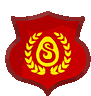 a red shield with a yellow s on it and a wreath around it .