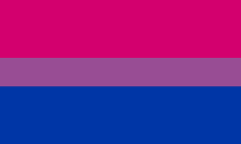 a bisexual flag with a pink , purple , and blue stripe on a white background .