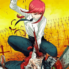 a drawing of a woman holding a chainsaw in front of a fence with crosses on it