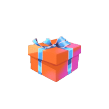 an orange gift box with a blue ribbon tied around it