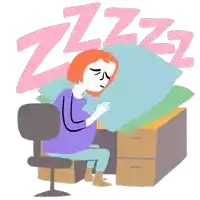 a cartoon drawing of a woman sitting at a desk with zzz written in the background