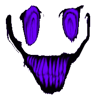 a drawing of a monster face with purple eyes and teeth