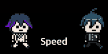 a pixel art of a boy with purple hair and the word speed below him .