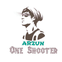 a logo for arzun one shooter has a silhouette of a man wearing sunglasses