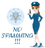 a woman in a police uniform holds a gun in front of a sign that says " no spamming "