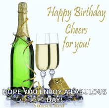 a happy birthday card with a bottle of champagne and two glasses