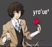 a man in a suit is holding a red rose with the word yro ' ue * above him