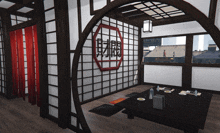 a room with sliding glass doors and a sign that says ' samurai ' on it