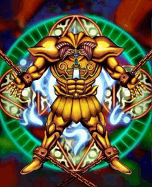 a cartoon drawing of a gold armored monster with chains around his waist .