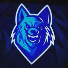 a blue wolf mascot logo with a black background .