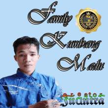 a man in a blue shirt is standing in front of a blue background that says family kumbang madiha