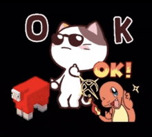 a cartoon of a cat holding a sword next to a red sheep and a pokemon saying ok