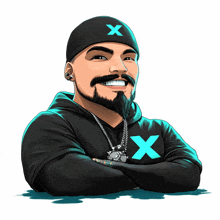 a cartoon drawing of a man with a beard wearing a black hoodie with the letter x on it