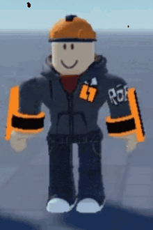 a roblox character wearing a hard hat and a hoodie is standing in the water .