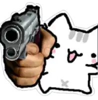 a person is pointing a gun at a cartoon cat .