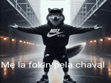 a wolf wearing a nike row sweatshirt stands with his arms outstretched