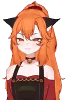 a girl with orange hair and cat ears is wearing overalls and a choker