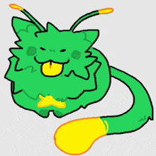 a drawing of a green monster with a yellow tail sticking out its tongue