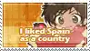 a cartoon of a boy with green eyes holding an apple and the words `` i liked spain as a country '' .