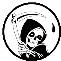 a black and white drawing of a grim reaper with a scythe