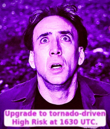 a picture of a man with the words upgrade to tornado-driven high risk at 1630 utc on it