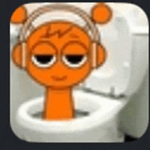 an orange cartoon character wearing headphones is sitting in a toilet .