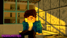 a minecraft character sits on a bench in front of a window with the word visualization below him