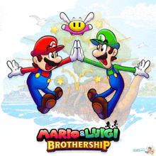 a poster for mario and luigi brothership showing mario and luigi giving each other a high five