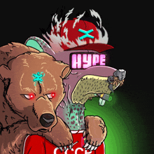 a drawing of a bear wearing a hat that says hype on it