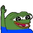 a green frog is waving his hand in the air .