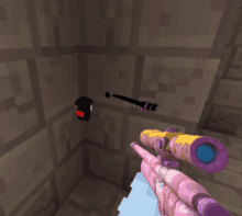 a sniper rifle with a purple scope is being held by a person in a video game