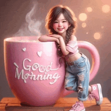 a little girl is leaning against a pink cup of coffee .