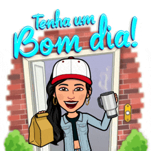 a cartoon of a woman holding a coffee mug and a bag with the words tenha um bom dia above her