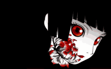 a drawing of a girl with red eyes and a flower in her mouth