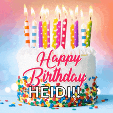 a birthday cake with candles and sprinkles and the name heidi on it