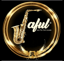 a logo for jaful jazz fou our lounge with a saxophone in a gold circle