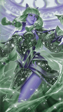 a green and purple painting of a woman with a cat ear