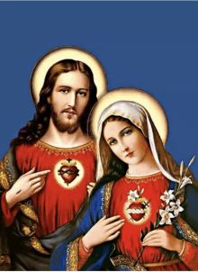 a painting of jesus and mary with their hearts on them