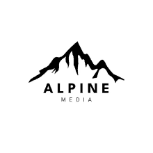 a black and white logo for alpine media with a mountain in the center