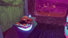 a cartoon character is laying on a bed in a room with a purple aquarium in the background .