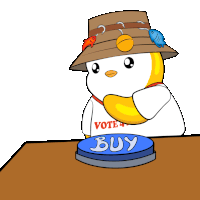 a cartoon penguin wearing a hat and a shirt that says vote is pressing a buy button