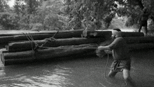 a black and white photo of a man pulling logs in a river with the year 2003 on the bottom left