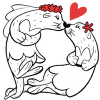 a black and white drawing of two seals kissing with a heart in the background .