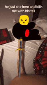 a drawing of a person laying on a bed with the caption he just sits here and kills me with his tail ..