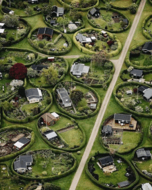 an aerial view of a residential area with houses and gardens