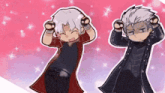 a couple of anime characters standing next to each other with their hands in the air .