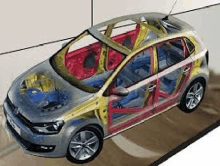 a cutaway model of a volkswagen polo with its doors open .